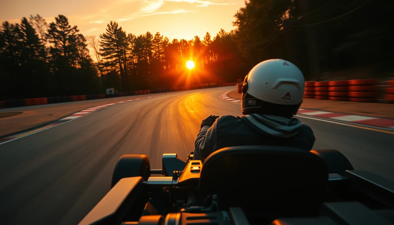 Um kart em pista ao pôr do sol, com o circuito desfocado pela velocidade
