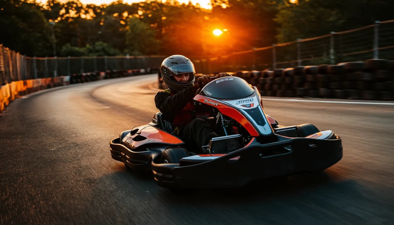 Un kart rodant al capvespre, amb la pista desenfocada per la velocitat