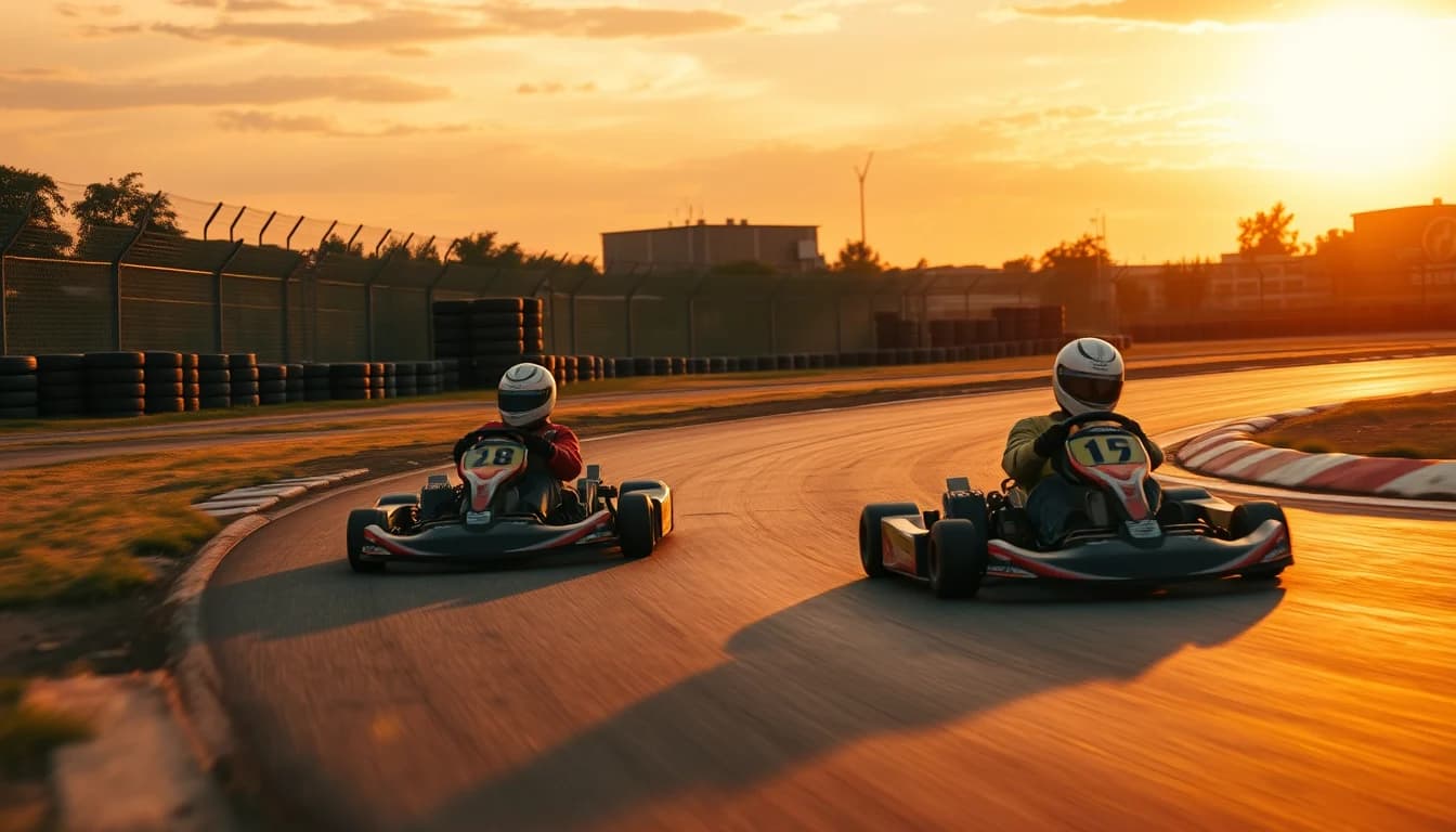 Dos karts perseguint-se en una corba al capvespre, al costat dels pianos i les barreres de pneumàtics
