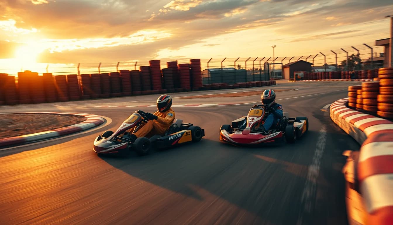 Deux karts se poursuivant dans un virage au coucher du soleil, le long des vibreurs et des barrières de pneus