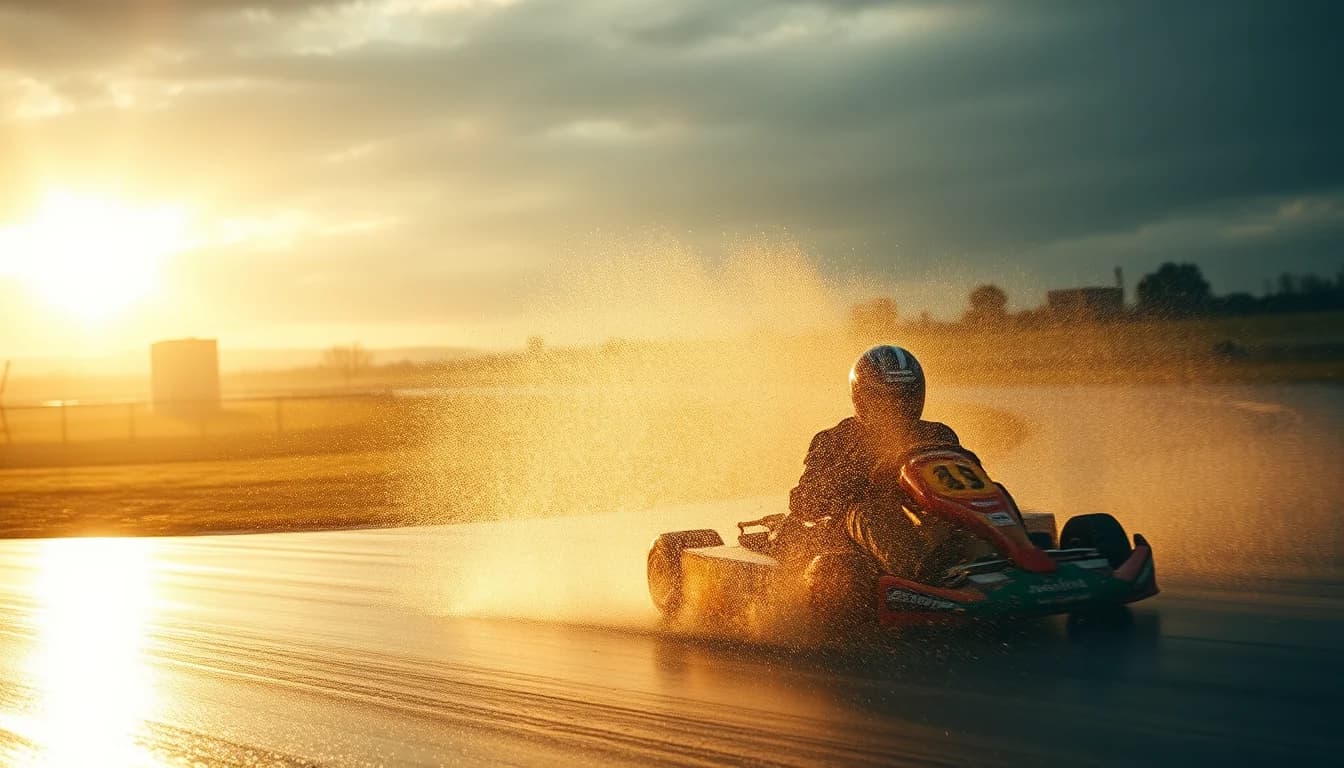 Um kart a levantar uma cortina de água na pista molhada